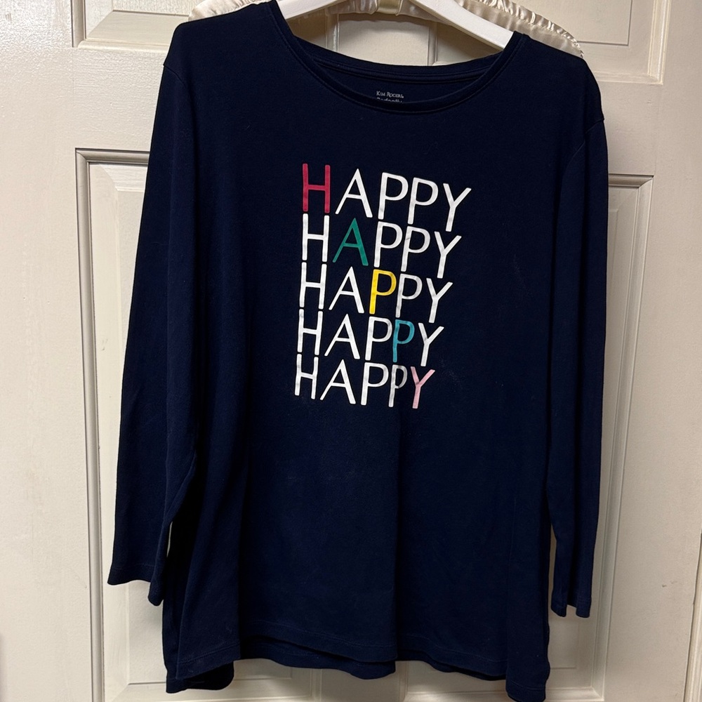 Kim Rogers Perfectly Soft navy blue HAPPY 3/4 sleeve round-neck top size XL EUC